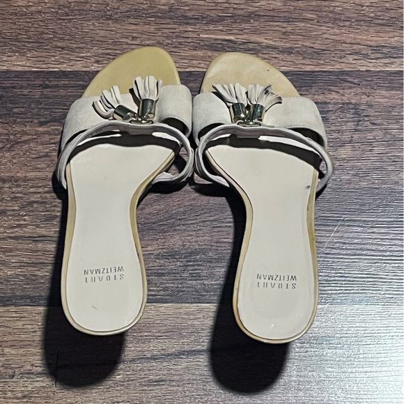 STUART WEITZMAN Tan Suede Patent Leather Tassel Kitten Heel Sandals Mules 9M - Picture 1 of 4